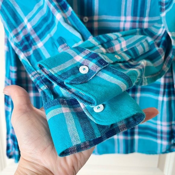 Woolrich Plaid Flannel Shirt Long Sleeve Turquoise, Navy and Pink - Picture 6 of 7